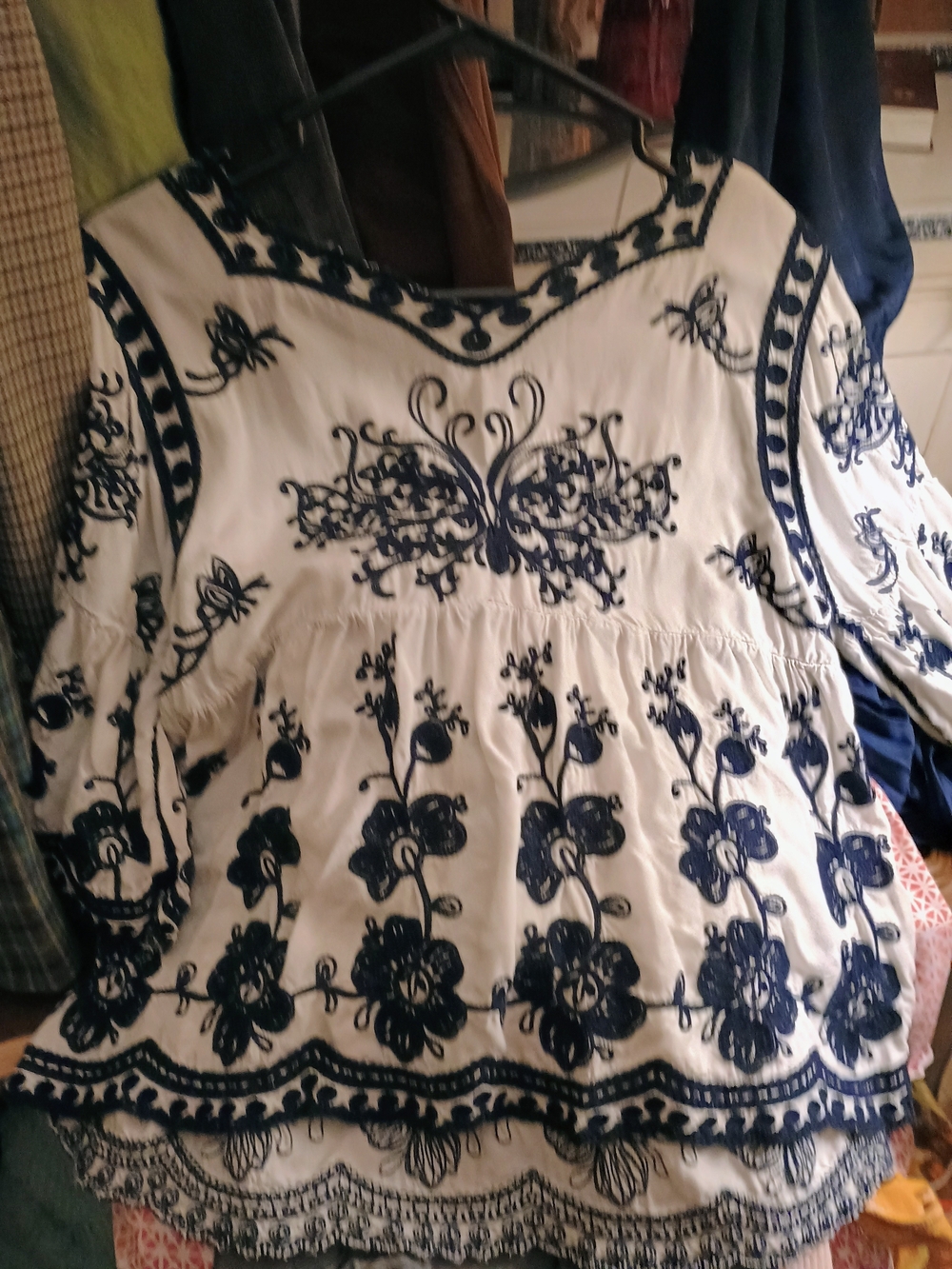 White Tunic Top with Navy Floral Embroidery